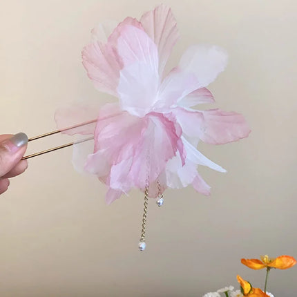 New Chinese Style Gentle Gradient Fabric Flower Hair Sticks for Women Sweet Chains Tassel Imitation Pearl Hairpin Fairy Headwear