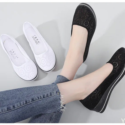 2025 new Summer Mid Wedge Heel comfortable shoes Lace Hollow Breathable Solid color Fashionable Women's Flat Shoes