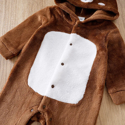 0-36M Plush bear print hoodie baby romper