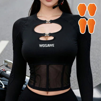 WOSAWE Motorcycle Jacket Women Summer Hollow Mesh Breathable Long Sleeve Motorbike Riding Gear External Removable Pads Short Top