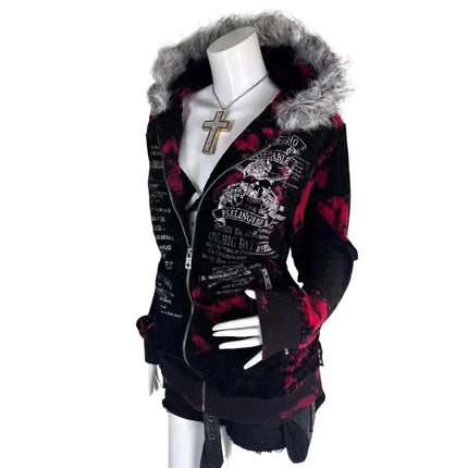 New Gothic geometric print red gradient zipper hoodie women fashion high street fur collar loose sweatshirt for men and women