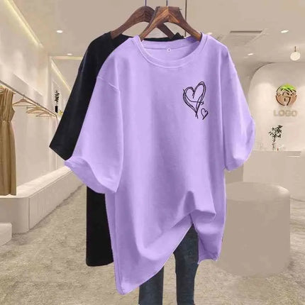 Summer 2025 New Elegant Love Print T-shirts Women Clothing Casual Loose Cotton Pullover Office Lady Basic Short Sleeve Top Tees