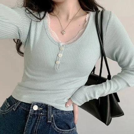 Women's T-Shirts Long Sleeve Slim Lace Button Kawaii T-shirts Female Y2k Tops Casual Tees Pullovers 2024 Spring New Woman Clothing