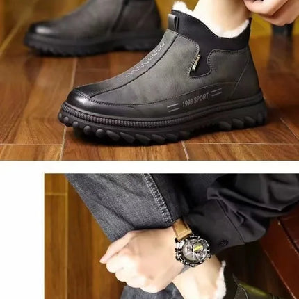 Men's Winter Casual Shoes Thickened Fleece Lined Waterproof Leather Surface Warm Wear Resistant Work Shoes Slip on round Toe