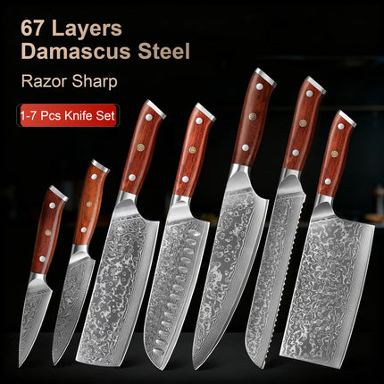 7PCS Chef Knife Set Kitchen Knife Set 67 Layers Damascus Steel Rosewood Handle 60HRC Sharpness Gift Box Kitchen Tool