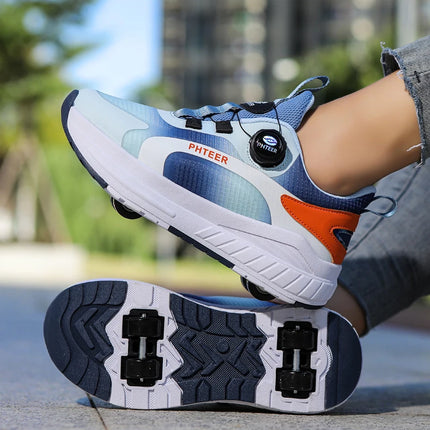 Kids Two Wheels Roller Skating Shoes with Light Magic Stick Walking Shoes, Detachable Wheels Roller Skate Shoes for Teenagers