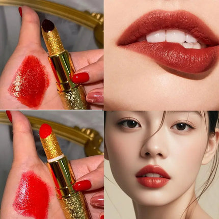 Golden Sparkling Lipstick Moisturizing Glitter Shine, Long Lasting Tomato Red Lip Gloss Makeup Cosmetics