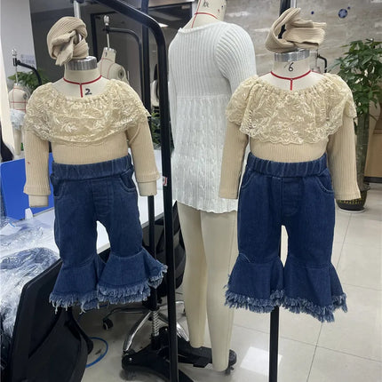 0-24months Baby Girls Pants Suit Long Sleeve Round Neck Lace Romper Tops Denim Bell-Bottoms Headband Clothes Set