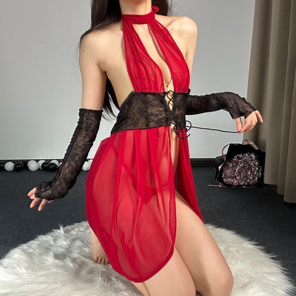 Southeast Asia Hot Sale Elegant Lady Style Stretchable Mesh Deep V Front Opening Lace-up Waist Cincher Sexy Dress