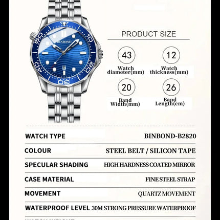 BINBOND Casual Fashion Ultra-thin Seahorse Series Quartz Men's Watch Date Waterproof Luminous Sports Business Men's Wristwatch