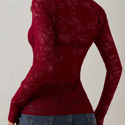 Women Sexy Base Layer Shirt Solid Black Sheer Lace Top Slim Flower Scallop Trim V Neck Long Sleeve T-shirt Trendy Tight Lace Top