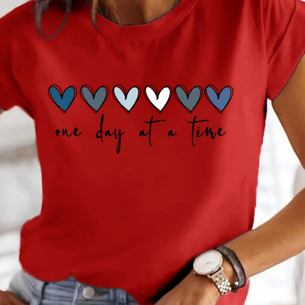 Women'S Casual Graphic T-Shirt - It'S One Day at a Time Heart Print, Short Sleeve Round Neck Top for Spring & Summer