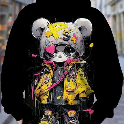 2025 Autumn Men's New Cartoon Cool Bear Printed Soft and Comfortable Hoodie Outdoor Urban Street Style Clothing
