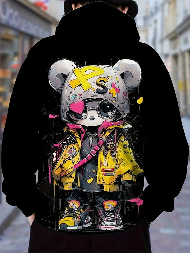2025 Autumn Men's New Cartoon Cool Bear Printed Soft and Comfortable Hoodie Outdoor Urban Street Style Clothing