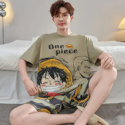 One Piece Anime Cartoon Personality Boy Short Sleeve Shorts Pajamas Creative Handsome Cotton Loungewear Set Can Be Worn Out