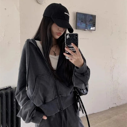 2025 New Women Loose American Zip Hoodie Washed Vintage Black Grey Autumn Winter Fashion Casual Streetwear