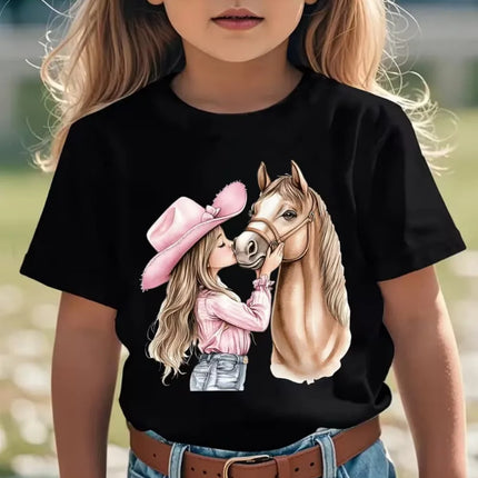 Girl Clothes Cute Girl Kisses Horse Print Summer Short Sleeve Casual Loose Kids Tops Outdoor Girls T-Shirt Children's Clothing
