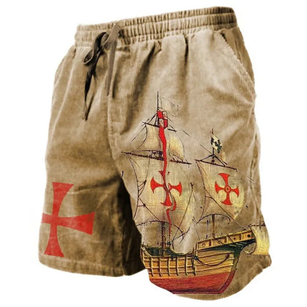 Men's Beach Shorts Compass Pattern 3D Retro Printed Shorts Men's Summer Breathable Drawstring Shorts Fitness Street Shorts