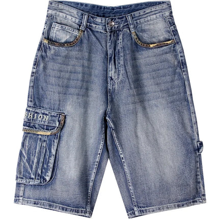 Multi pocket European and American skateboarding pants with fat and plus size hip-hop denim shorts for men, trendy cropped pants