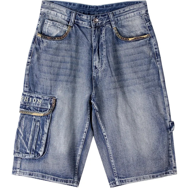 Multi pocket European and American skateboarding pants with fat and plus size hip-hop denim shorts for men, trendy cropped pants
