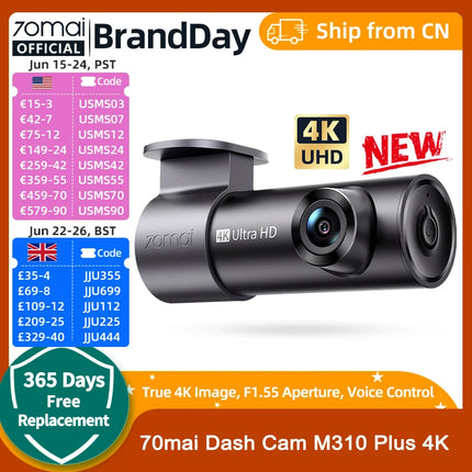 Global version 70mai dash cam M310 plus 4K true 4K 2160p WDR voice control support 24H parking mode car DVR 70mai M310 plus 4K
