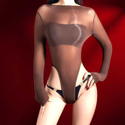 Oil Shiny Bodysuit 5D Stocking Jumpsuit Women Long Sleeve Silky and Smooth Crotchless Romper Tight Fitting Underwear Transparent