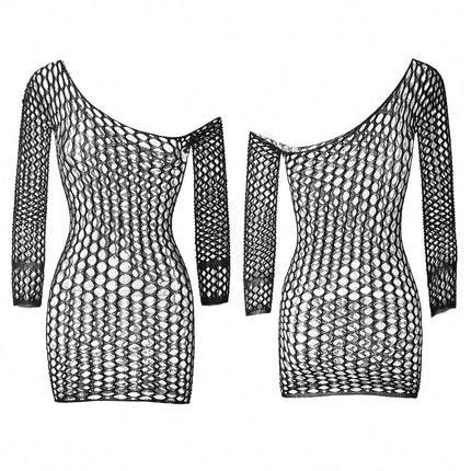 Women Fishnet Mini Sexy Dress Mesh Hollow Out Perspective Bodycon Underwear Dress Erotic Costume Crotchless Lingerie Sex Clothes