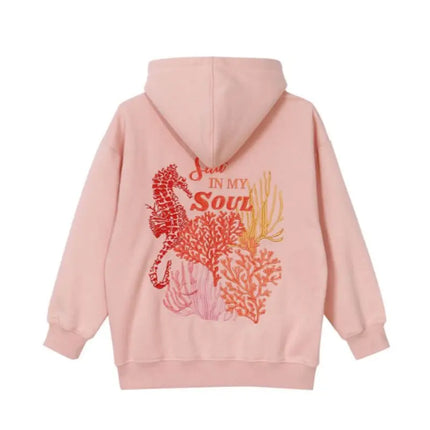 Combhasaki Women Loose Y2K Aesthetic Letter Sea Embroidered Hooded Long Sleeve Sweatshirts Pullover Tops with Kangaroo Pockets