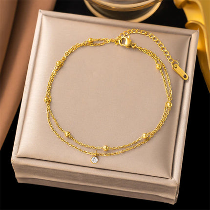 Kuziduocai 100% Stainless Steel New Fashion Jewelry 18K Gold-plated Minimalism 2-Layer Beading Zircon Charm Women Anklet Chain
