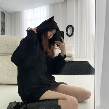 Women Fleece Thicken Cartoon Cat Ear Hoodie Sport Stylish Female Autumn Winter Pullover Tops Loose Mid-length Warmth Sweatshirt