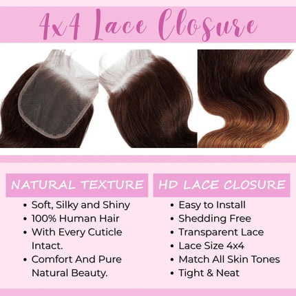 4x4 Lace Closure Body Wave 100% Brazilian Human Hair Soft & Silky Lace Closure Free Part T4/30 Ombre Brown