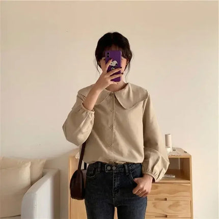 Casual Base Layer Top Autumn Collection Fresh Korean Style Doll Collar New Model Long Sleeve Shirt Women's Top
