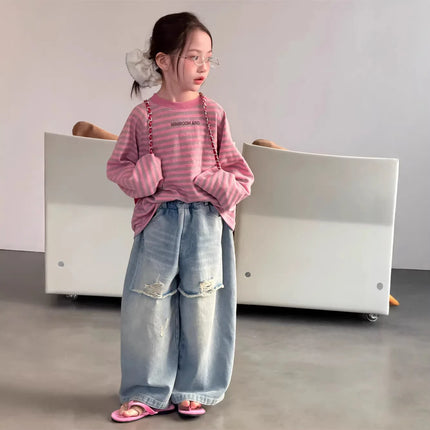 T-shirt 2026 Spring and Summer New Childrens Clothing Korean Boys and Girls Loose Shoulder Long Sleeve Stripe Letter T Sleeve