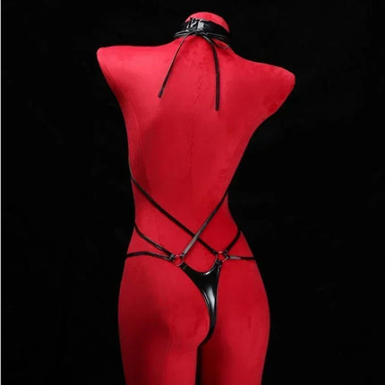QQ Black Patent Leather Choker Wet Sexy Lingerie Bodysuits Erotic Crotchless Leather Jumpsuit Underwear Costumes Lingerie Set
