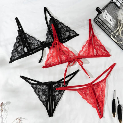 2Pcs/Set Women's Sexy Lace Transparent Lingerie Set Bikini Low-Waisted Thong Pants Dating Pajama Set