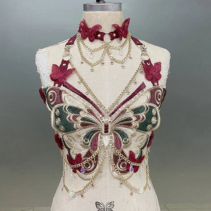 Women's Butterfly Embroidered Top Crystal Chain Sleeveless Cropped Top Camisole Backless Adjustable Sexy Beach Holiday Y2K Top