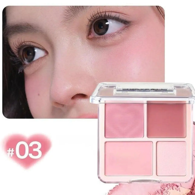 4-Color Pink Peach Blush & Highlighter Palette - Matte Cream Powder, Brightening Color-Boosting Cheek Makeup Rouge