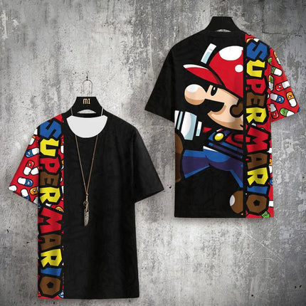 T-shirt Mario Print Short-sleeved Slim Summer Quick-drying Super Mario Clothes for Children and Family, Large Size