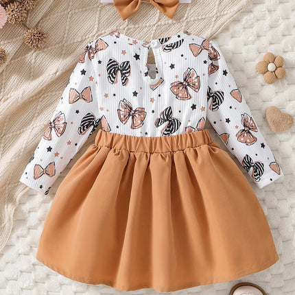 Baby girl cute cartoon bow pattern in spring and autumn, round neck long sleeved ruffle edge fake two-piece spliced dress and he