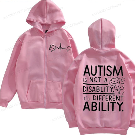 Autism Awareness Hoodie for Men Women, It's Not A Disability It's A Different Ability Zip Up Hoodies, Zipper Tracksuit Jackets