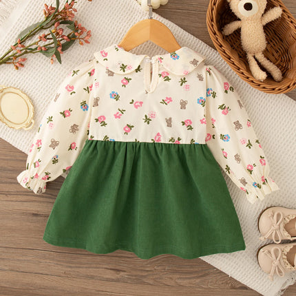 9 Months -4 Years Old Spring And Autumn New Floral Long Sleeved Baby Girl Dress, Sweet Bow Children'S Clothing