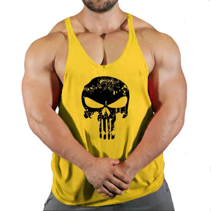 Mens Bodybuilding Faux Cotton Tank Top Gym Fitness Sports Sleeveless Top Skull Print Breathable Tank Top Mens Summer Tank Top
