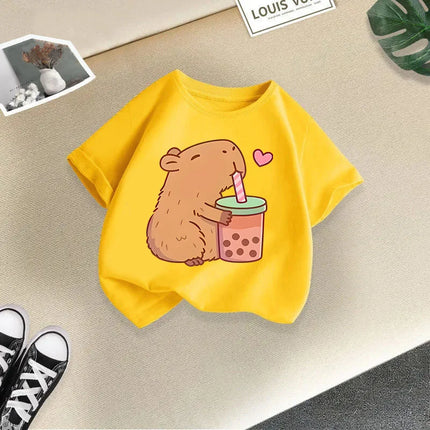 2025 Summer New Cute Animal Kapibala Fashion Printed Children's T-shirt Short Sleeve Fashion Pure Cotton Children's Clothing