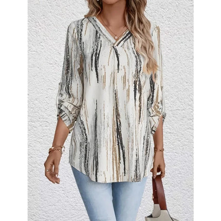 Plus Size Women's Casual New Casual V-neck Printed Fashionable Curved Hem Rolled Sleeve Shirt