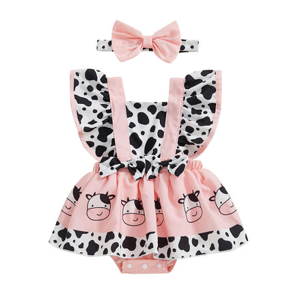 FOCUSNORM 0-18M Lovely Baby Girls Rompers Dress 4 Colors Bee/Ladybug/Cow/Elephant Print Fly Sleeve Jumpsuits with Headband