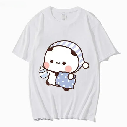 Couple T-shirt Cute BuBu Panda Going to Sleep with DuDu Bear Graphic T-shirt Women Clothes Sleeve Tops Women's Clothing