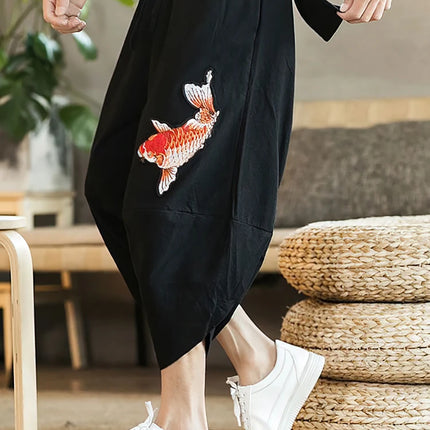 Chinese Embroidery Summer Cotton Linen Shorts Men Baggy Wide leg Casual Capris Pants Male Sport Running Shorts 2025