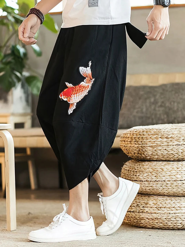 Chinese Embroidery Summer Cotton Linen Shorts Men Baggy Wide leg Casual Capris Pants Male Sport Running Shorts 2025