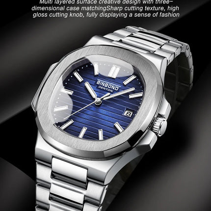 BINBOND Luxury Military Man Watch Square Waterproof Luminous Date Week Men Watch Stainless Steel Quartz Men's Watches Reloj