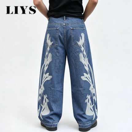 LIYS Men's Retro Grunge Punk Print Wide Leg Jeans Streetwear Baggy Denim Pants Suitable for Gatherings Casual Daily Commuting